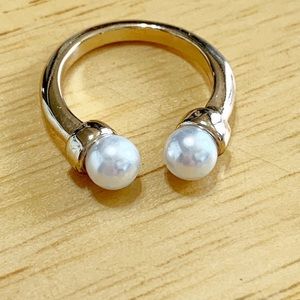 Faux Pearl Gold Tone Open Cuff Ring Size 6.25